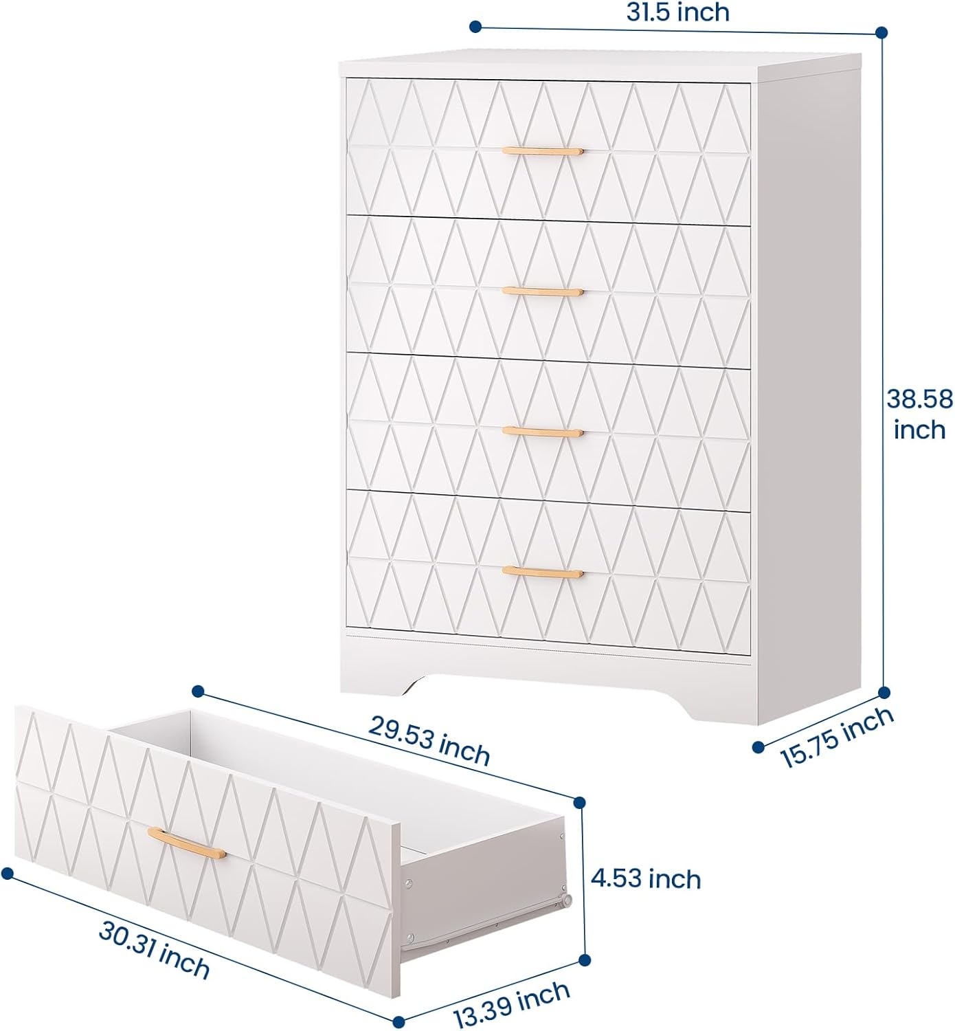 4-Drawer Modern Wood Dresser ｜Gold Handle Storage Chest for Bedroom & Living Room