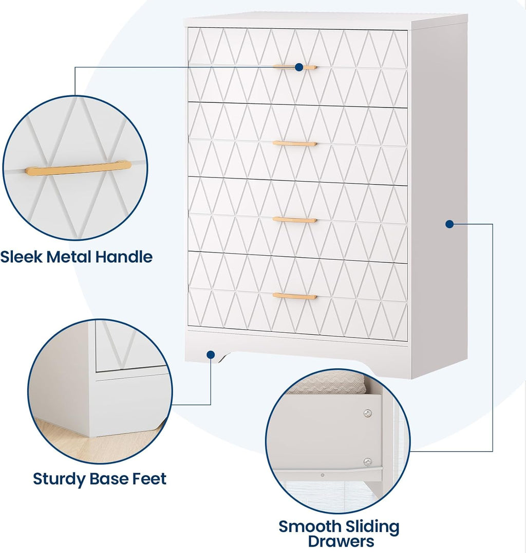 4-Drawer Modern Wood Dresser ｜Gold Handle Storage Chest for Bedroom & Living Room