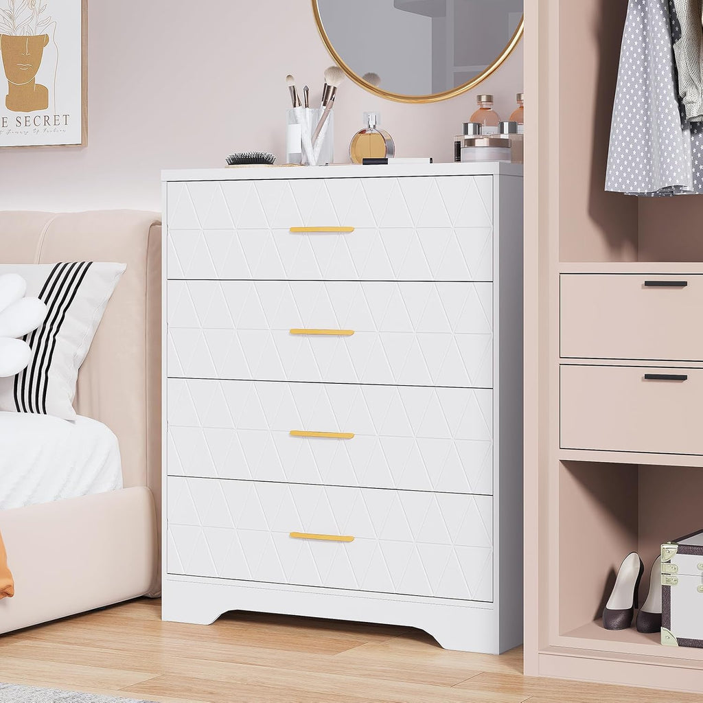 4-Drawer Modern Wood Dresser ｜Gold Handle Storage Chest for Bedroom & Living Room