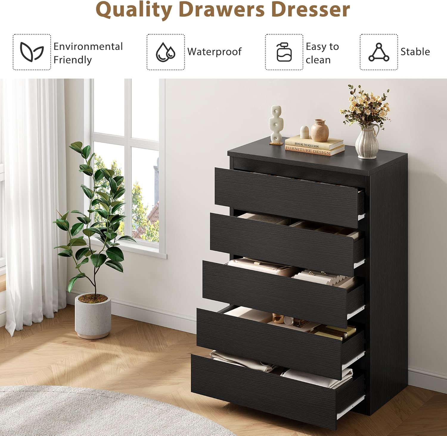 5-Drawer White Dresser ✨｜Handle-Free Modern Storage Chest for Bedroom & Living Room