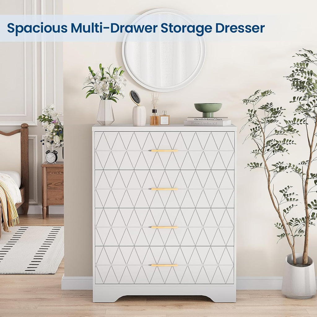 4-Drawer Modern Wood Dresser ｜Gold Handle Storage Chest for Bedroom & Living Room